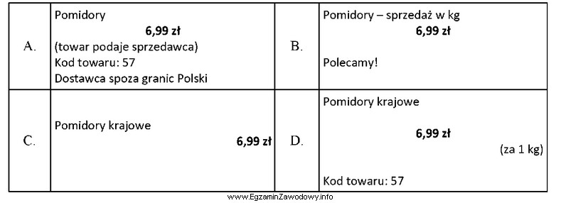 Która z przedstawionych etykiet umieszczonych przy towarze oferowanym w 