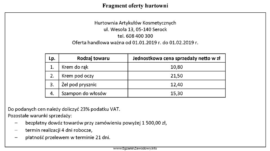 Który z elementów przedstawionej oferty hurtowni <u><strong>