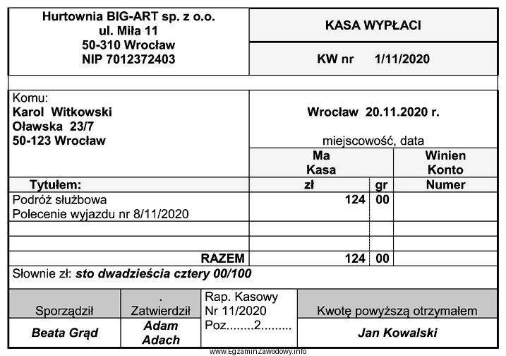 Wskaż dekret operacji gospodarczej udokumentowanej przedstawionym dowodem księgowym wystawionym 