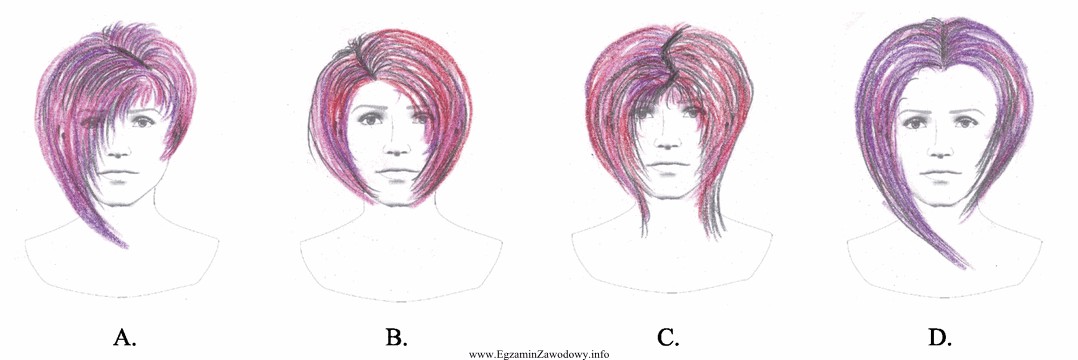 Wskaż rysunek fryzury z zaprojektowanym symetrycznym przedziałkiem.