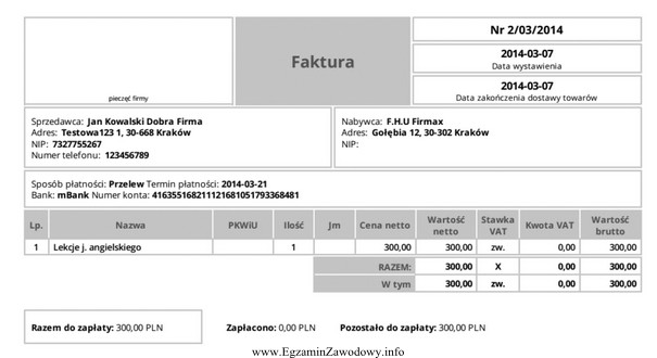 W przedstawionym fragmencie faktury sprzedaży usług nie figuruje 