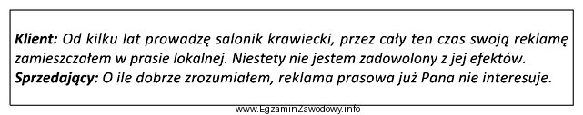 Na podstawie przedstawionego fragmentu rozmowy sprzedażowej określ technikę 