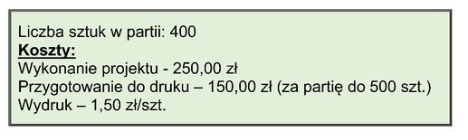 Oblicz koszt jednostkowy ulotki na podstawie załączonych danych.