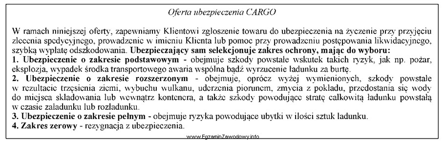 W tabeli przedstawiono ofertę ubezpieczenia CARGO. Klient, który chciał