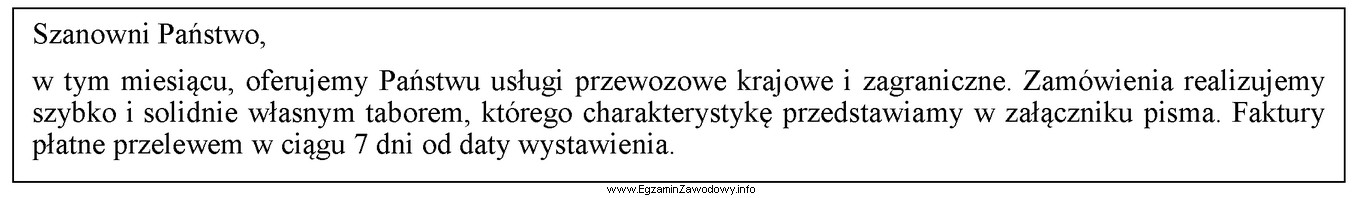 Niezbędnym elementem oferty handlowej, którego brakuje w przedstawionym 