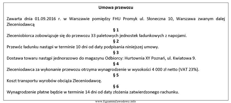 Której informacji brakuje w przedstawionym fragmencie umowy przewozu?