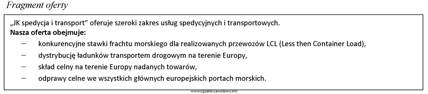 Z przedstawionego fragmentu oferty firmy spedycyjno-transportowej wynika, że oferuje 