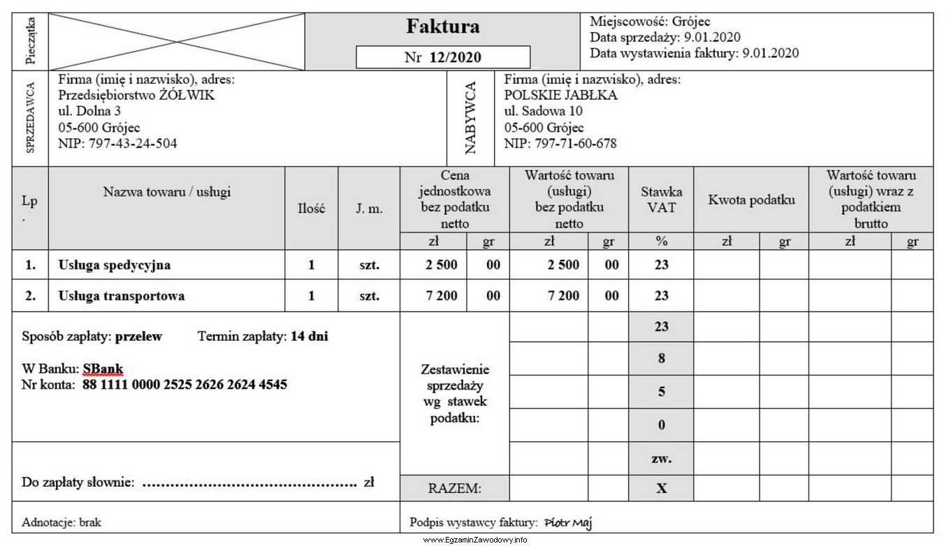 Na podstawie przedstawionej faktury oblicz, ile wyniesie wartość brutto 