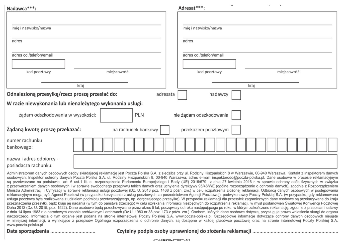 Na rysunku przedstawiono fragment formularza przeznaczonego do sporządzenia