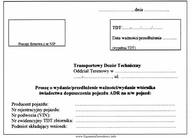 Na rysunku przedstawiono fragment wniosku o wydanie świadectwa dopuszczenia 