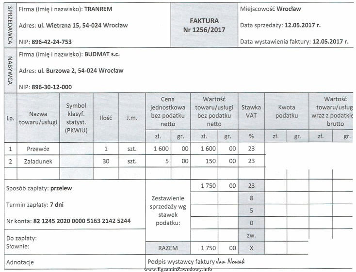 Oblicz, na jaką wartość brutto powinna być wystawiona przedstawiona 