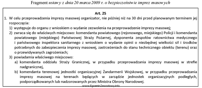 Na podstawie fragmentu ustawy o bezpieczeństwie imprez masowych przeprowadzenie 