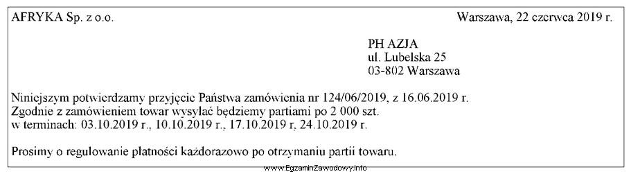 Przedsiębiorstwo handlowe AZJA otrzymało dokument, którego fragment 