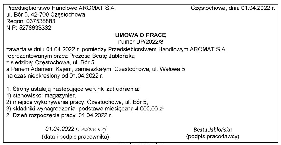 Którego elementu brakuje w zamieszczonej umowie o pracę, aby 