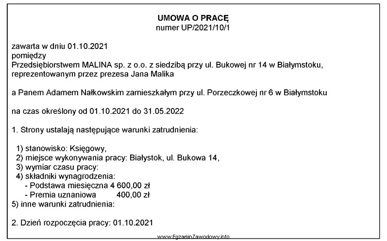 Ustal, której informacji brakuje w przedstawionej treści umowy 