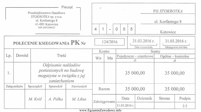 Operację gospodarczą na podstawie zamieszczonego dowodu PK należało 