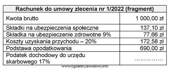 Na podstawie fragmentu rachunku do umowy zlecenia nr 1/2022 ustal kwotę 