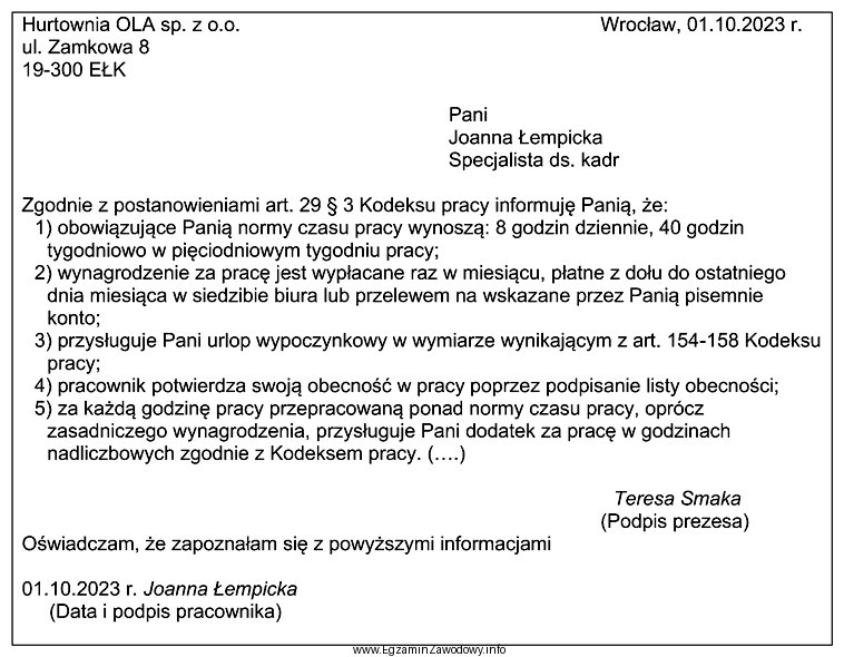 Przedstawionym fragmentem pisma sporządzonym w Hurtowni OLA sp. z 