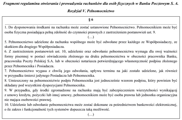 Zgodnie z zamieszczonym fragmentem regulaminu, pełnomocnictwo do rachunku