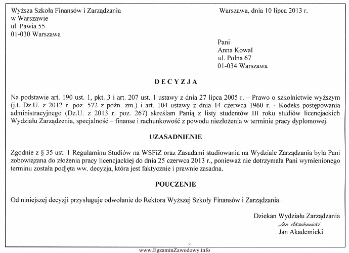 Przedstawiona decyzja nie zawiera koniecznego elementu decyzji administracyjnej, którym 