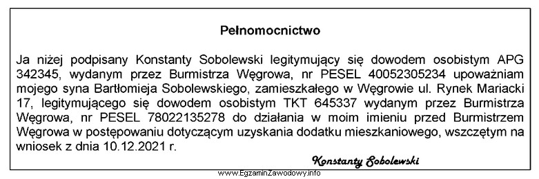 Na podstawie zamieszczonego pełnomocnictwa określ, który rodzaj 