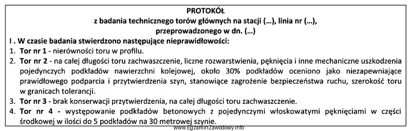 Na podstawie przedstawionego fragmentu protokołu z badania technicznego toró