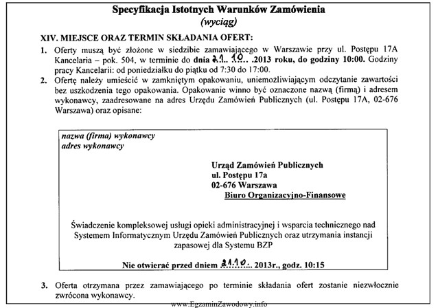 Na podstawie przedstawionego fragmentu Specyfikacji Istotnych Warunków Zamówienia 