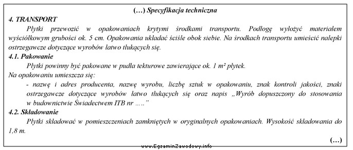 Na podstawie wyciągu ze specyfikacji technicznej wykonania i odbioru 