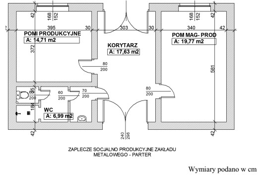 Jaką szerokość mają drzwi do pomieszczenia produkcyjnego na przedstawionym 