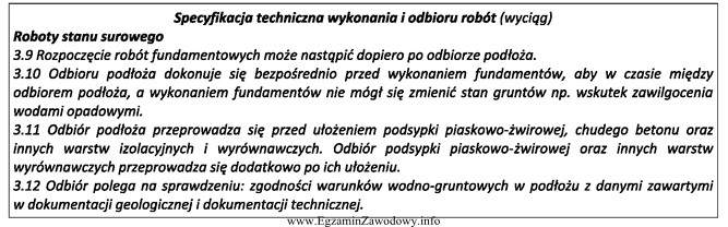 Na podstawie przedstawionego wyciągu ze specyfikacji technicznej wskaż etap 