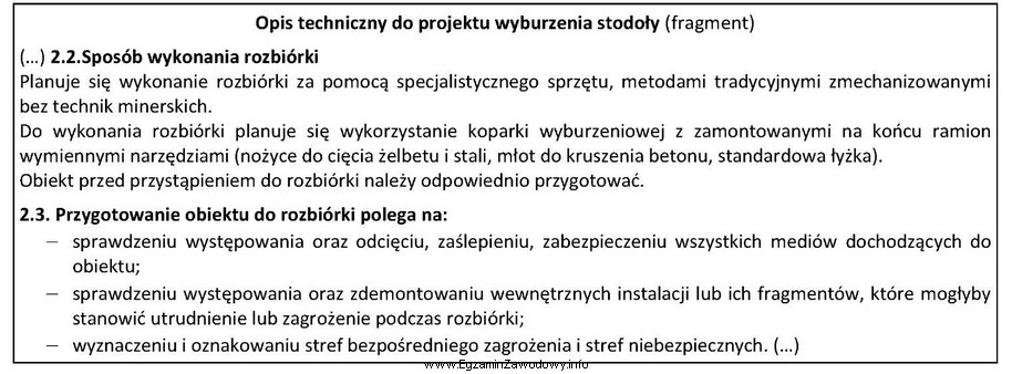 Na podstawie fragmentu opisu technicznego określ metodę wykonania rozbió