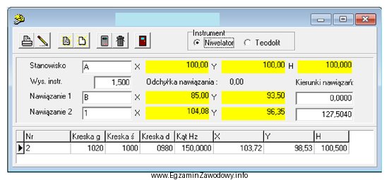 Przedstawione okno dialogowe z programu do obliczeń geodezyjnych, wskazuje na 