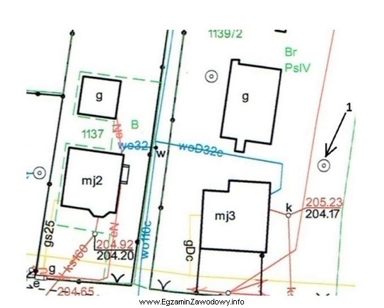 Na przedstawionym fragmencie mapy zasadniczej cyfrą 1 oznaczono
