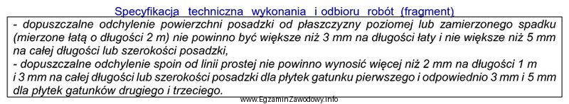 Na podstawie fragmentu specyfikacji określ dopuszczalne odchylenie powierzchni posadzki 