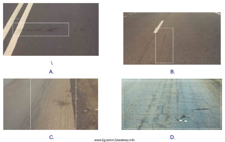 Na którym rysunku przedstawiono uszkodzenie nawierzchni bitumicznej w postaci 