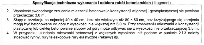 Na podstawie przedstawionego fragmentu specyfikacji technicznej określ maksymalną wysokoś