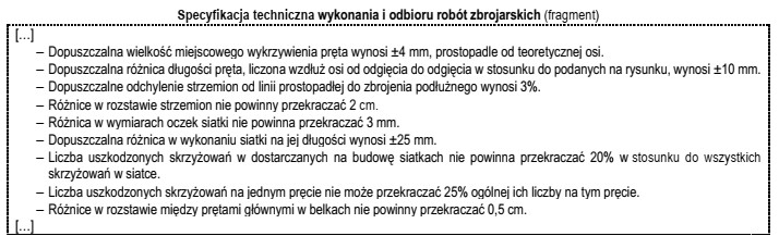 Na podstawie przedstawionego fragmentu specyfikacji technicznej określ, ile wynosi 