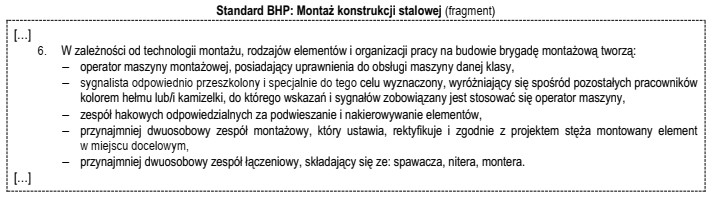 Zgodnie z przedstawionym fragmentem standardu BHP za ustawienie, rektyfikację i 