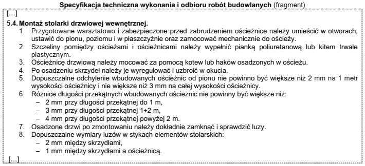 Na podstawie przedstawionego fragmentu specyfikacji technicznej, określ dopuszczalne maksymalne 