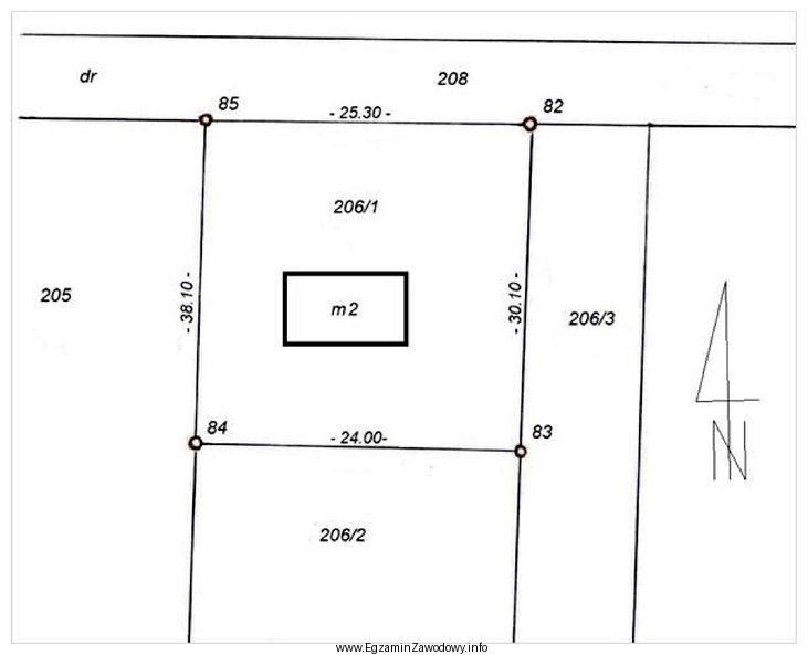 Właściciel działki nr 206/1, przedstawionej na rysunku, zlecił 