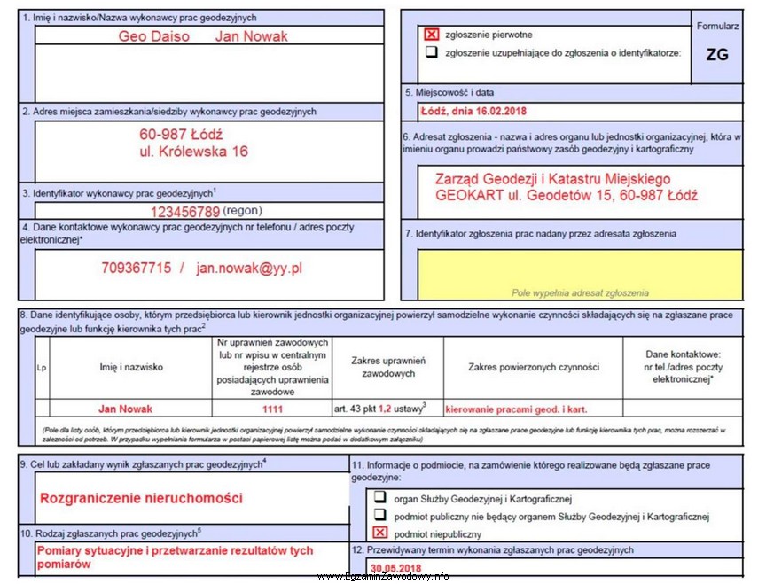 Na podstawie zamieszczonego wypełnionego formularza określ, którą 