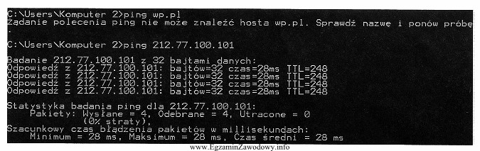 Użytkownik komputera testując połączenia sieciowe poleceniem 