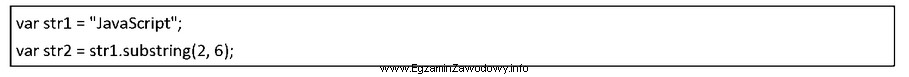 Przedstawiono fragment JavaScript. Po jego wykonaniu zmienna str2 będzie 
