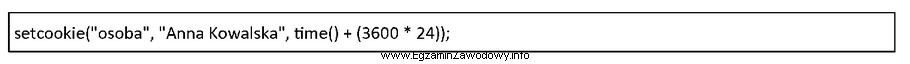 W języku PHP zapisano fragment kodu. Plik cookie stworzony 