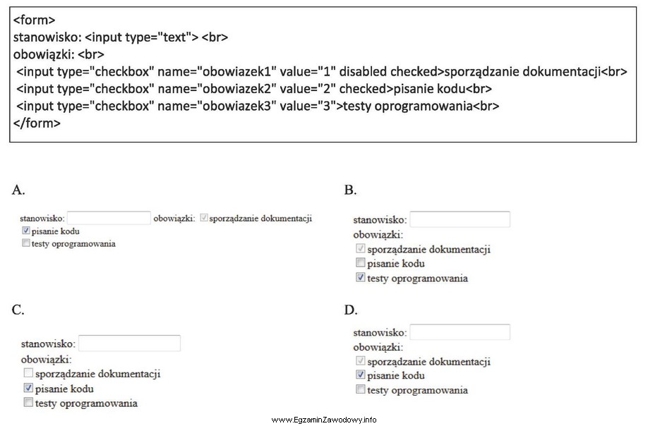 Zamieszczony kod HTML formularza zostanie wyświetlony przez przeglądarkę 