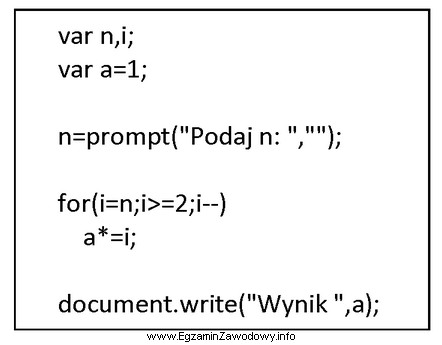 Podaj wynik działania programu zapisanego w języku JavaScript, 