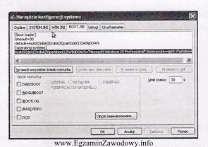 Okno przedstawia program msconfig. Zakładka BOOT.INI pozwala na