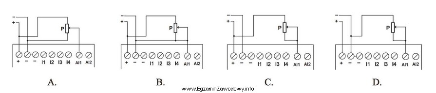 Na którym schemacie potencjometr nastawczy P jest poprawnie podł