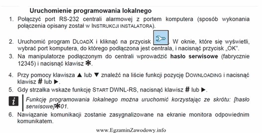 Na podstawie fragmentu instrukcji programowania centrali alarmowej określ kolejne 