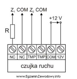 Na rysunku przedstawiono schemat połączeń czujki ruchu w 